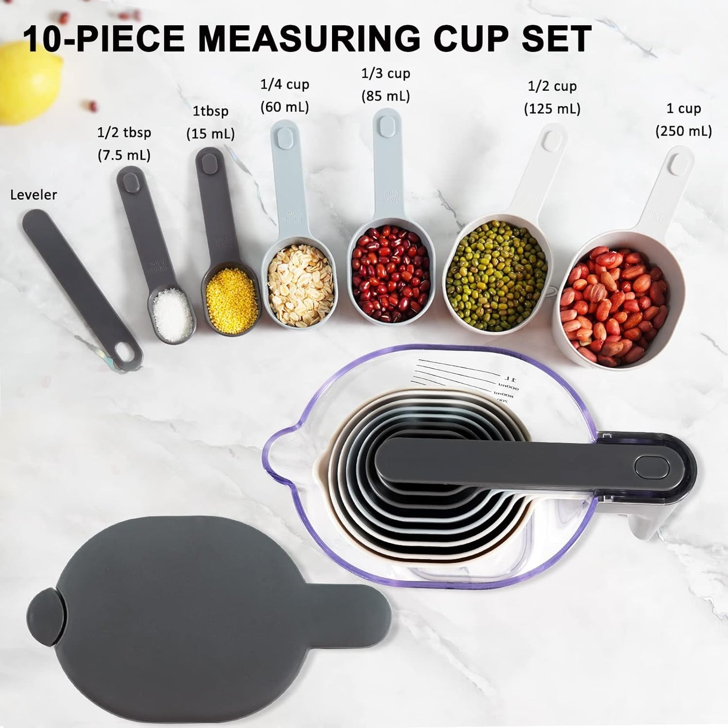 18 Pieces Measuring Cups and Spoons set, Includes 10 Stackable Measuring Cup with Lid and 8 Magnetic Measuring Spoons, for Liquid and Dry Ingredient, BPA Free (White)