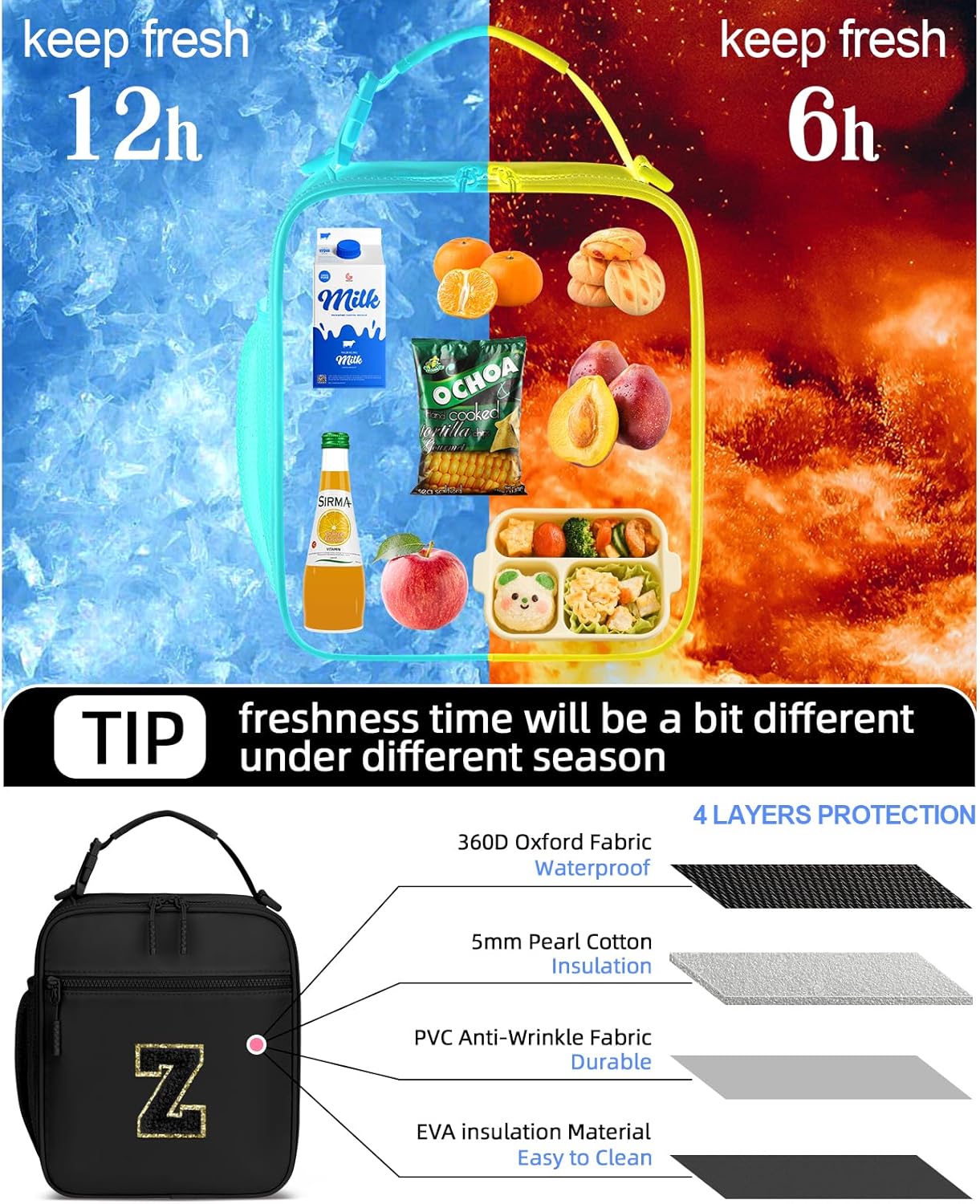 Initial Insulated Lunch Bag for Boys Kids, Back to School Gift, Reusable Leak-proof Lunch Box with Adjustable Strap for School Daycare Travel Picnic(Black,Z)