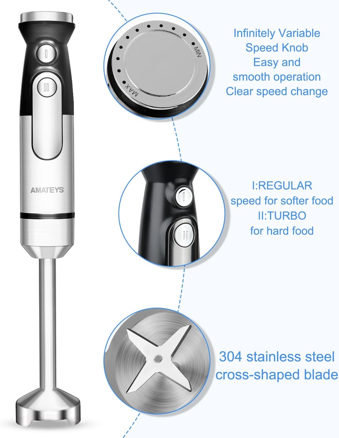Immersion Blender,700W Handheld with Heavy Copper Motor,Infinitely Variable Speeds Stick Kitchen Blender,Detachable Stainless Steel Smoothie,for Soup Puree Baby Food Juice
