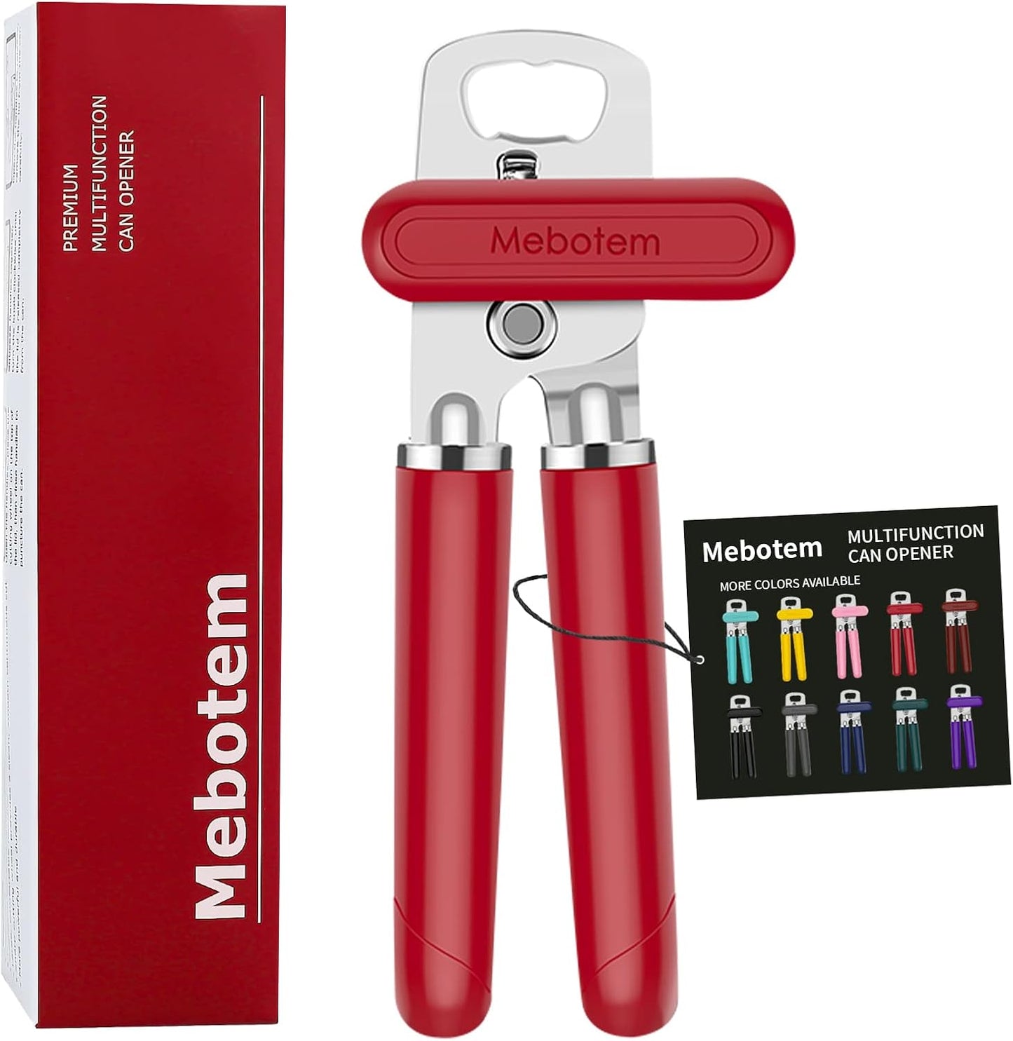 10 Colors, Manual Handheld Heavy Duty Hand can Opener Smooth Edge Stainless Steel, Top Lid Kitchen Gadgets, Best Large Rated Easy Turn Knob, with Bottle Opener, Red