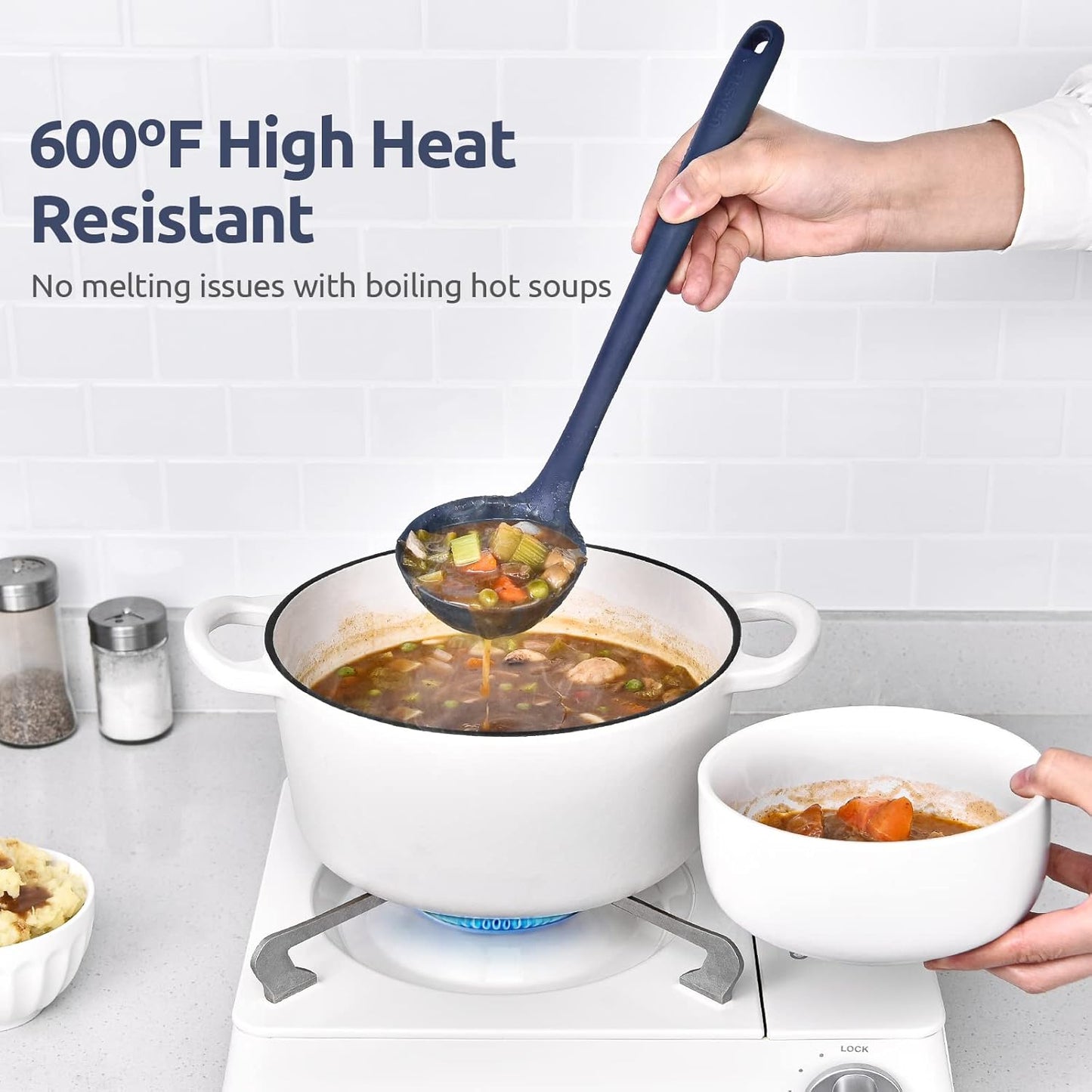13 inch Silicone Soup Ladle: U-Taste 600ºF Heat Resistant 4 oz Large Non-stick Seamless Rubber Kitchen Deep Serving Spoon with Non Slip Long Handle for Cooking Sauce Stews Gravy (Midnight Blue)