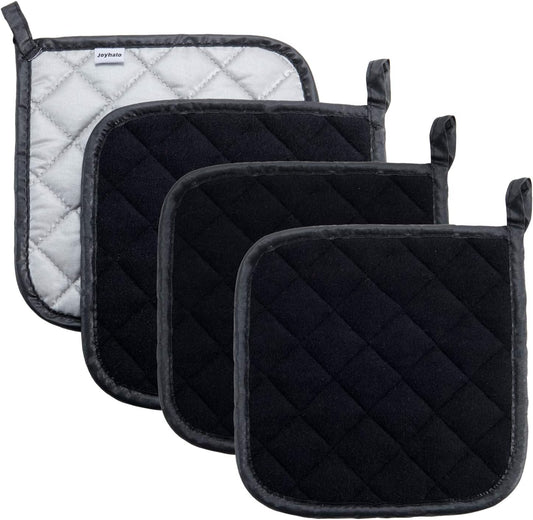 Joyhalo 4 Pack Pot Holders - Heat Resistant Oven Hot Pads, Terry Cloth, Black