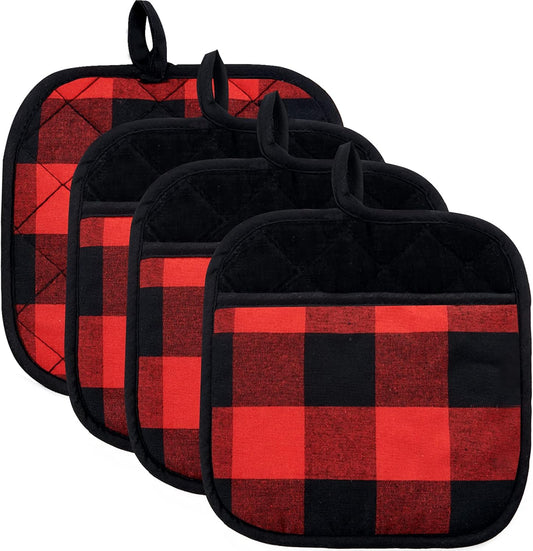 Joyhalo 4 Pack Pot Holders for Kitchen,Cotton Oven Holder with Great Heat Resistance,Non Slip Hot Pads for Kitchen Clearance,Black and Red