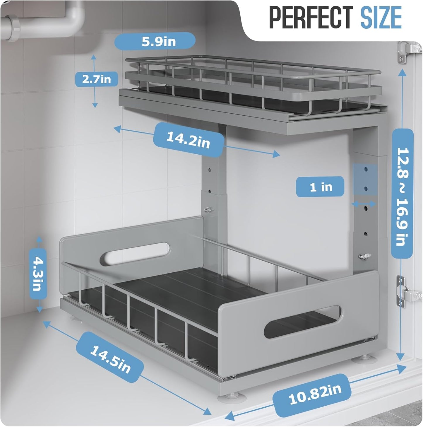 1 Pack Under Sink Organizer Upgrade to Professional Rails,2-Tier Dual Pull Out Cabinet Storage,Height Adjustable Slide Out Drawers for Bathroom Kitchen,Under Sink Shelf-Gun Gray