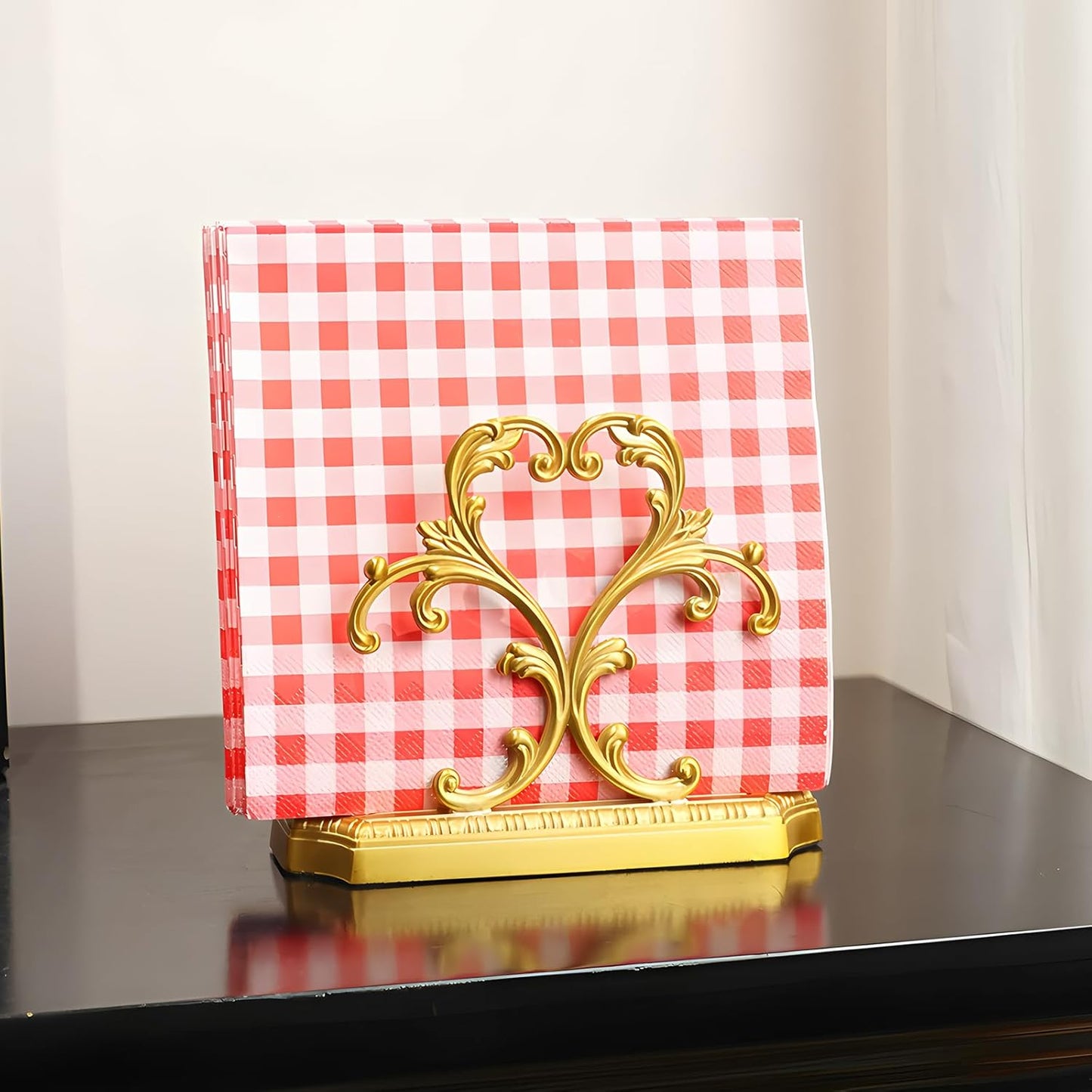 1 Gold Napkin Holder and 50 pieces of red and white paper napkins in classic gingham checkered design,Brass Napkin Holder,Modern Dining Table Decor