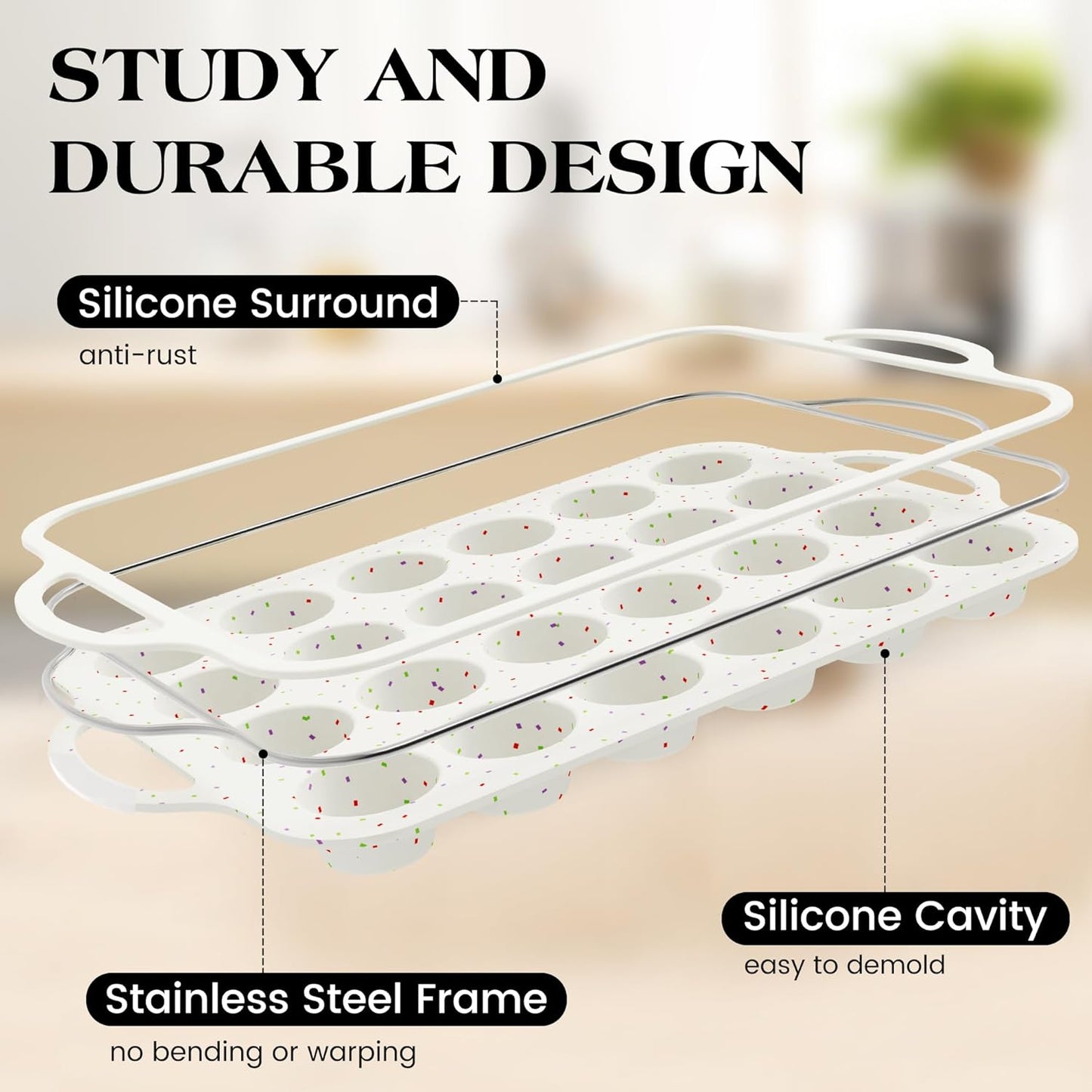 1 Pc Silicone Mini Muffin Pan With Metal Frame, 24 Cups Nonstick Cupcake Tray for Baking, Small Muffin Molds with Handles (Cream)