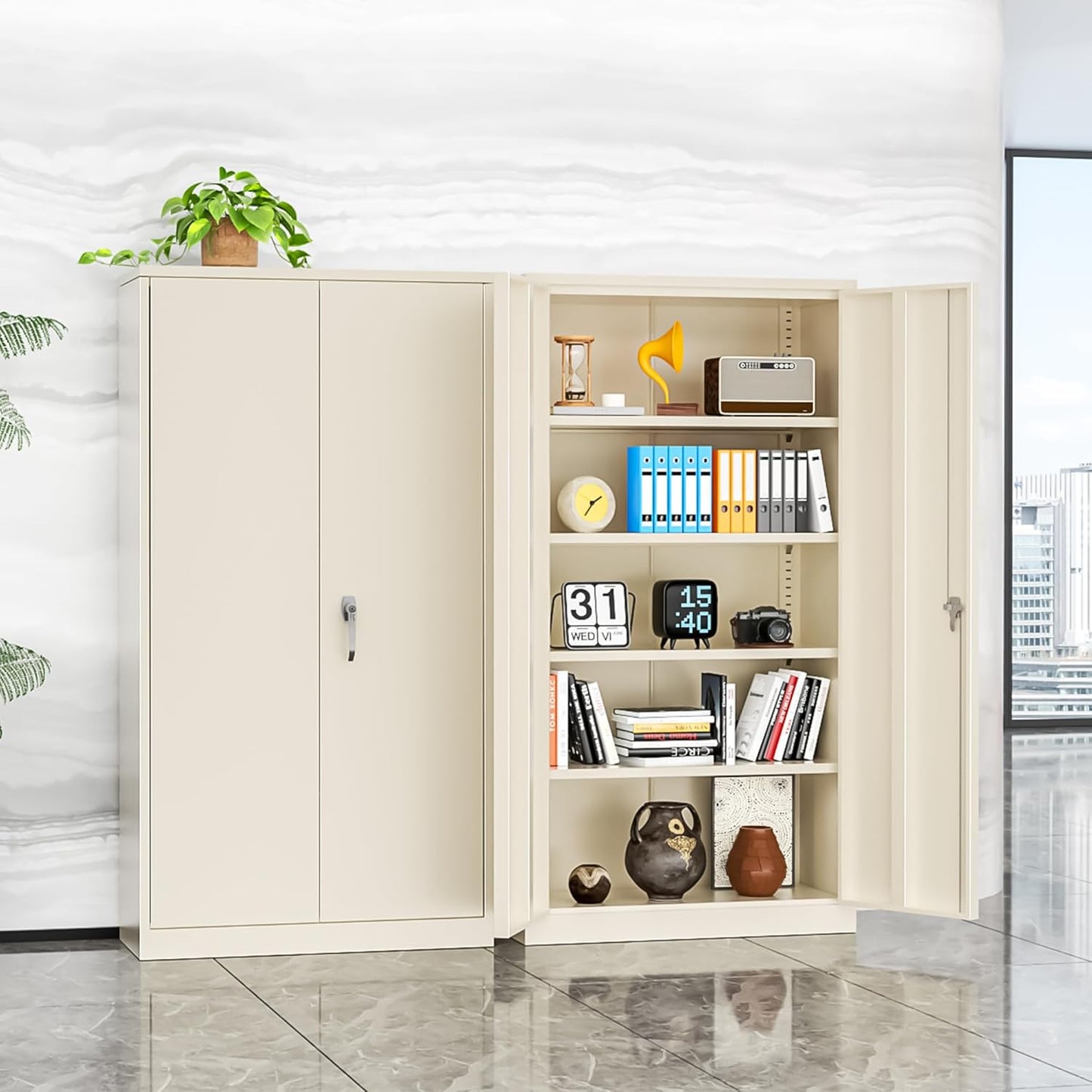 INTERGREAT Metal Garage Storage Cabinet, Black Lockable File Cabinet with 2 Doors and 4 Adjustable Shelves, Tall Steel Tool Cabinets for Office, Home, Garage, School, Gym