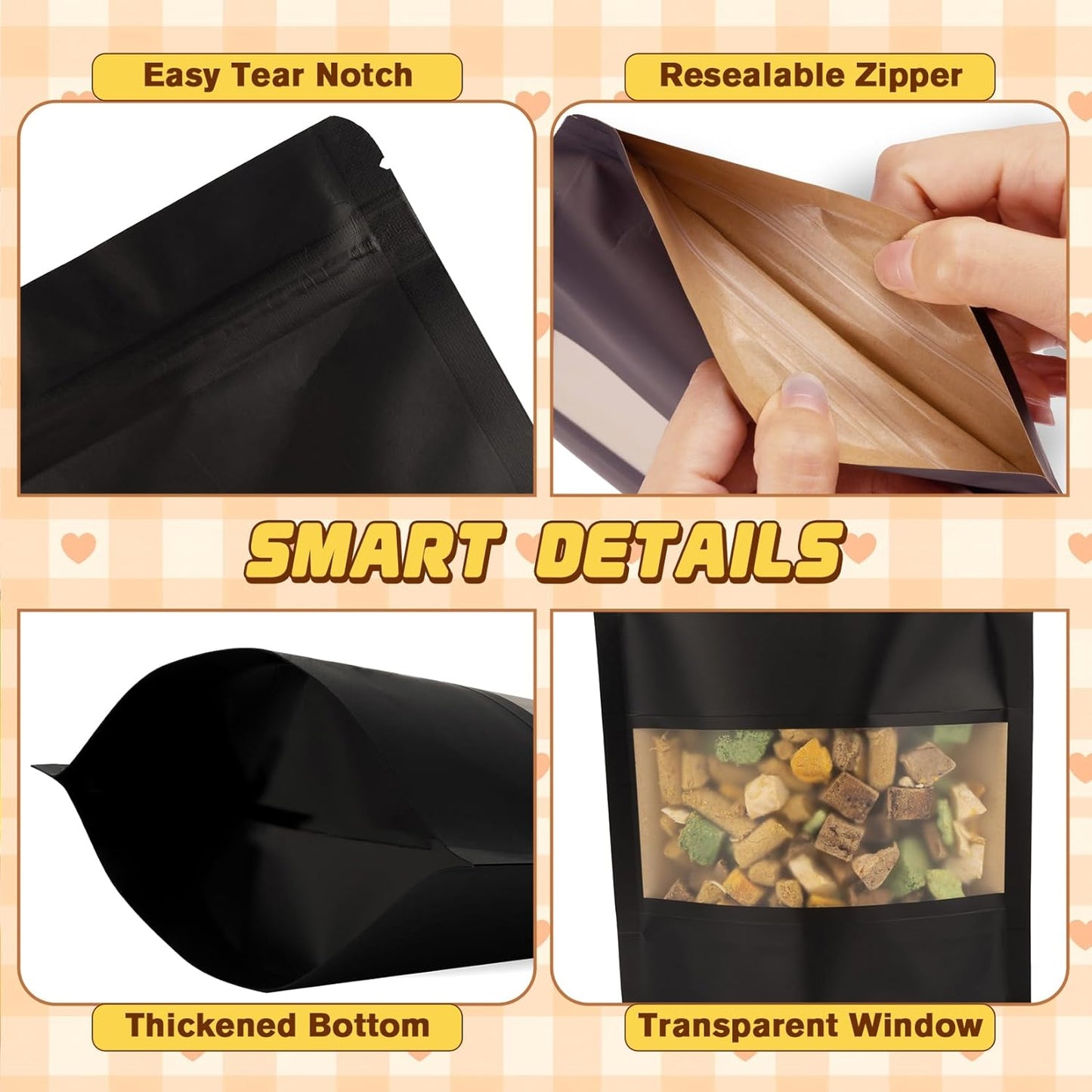 Jetmore-50pcs-Smell-Proof-Bag, Resealable Zip Lock Bags Various Sizes, Reusable Snack Bags, Stand Up Packing Bags with Window, Small Brown Paper Pouches for Candy, Nuts, Spice, Sample, Product