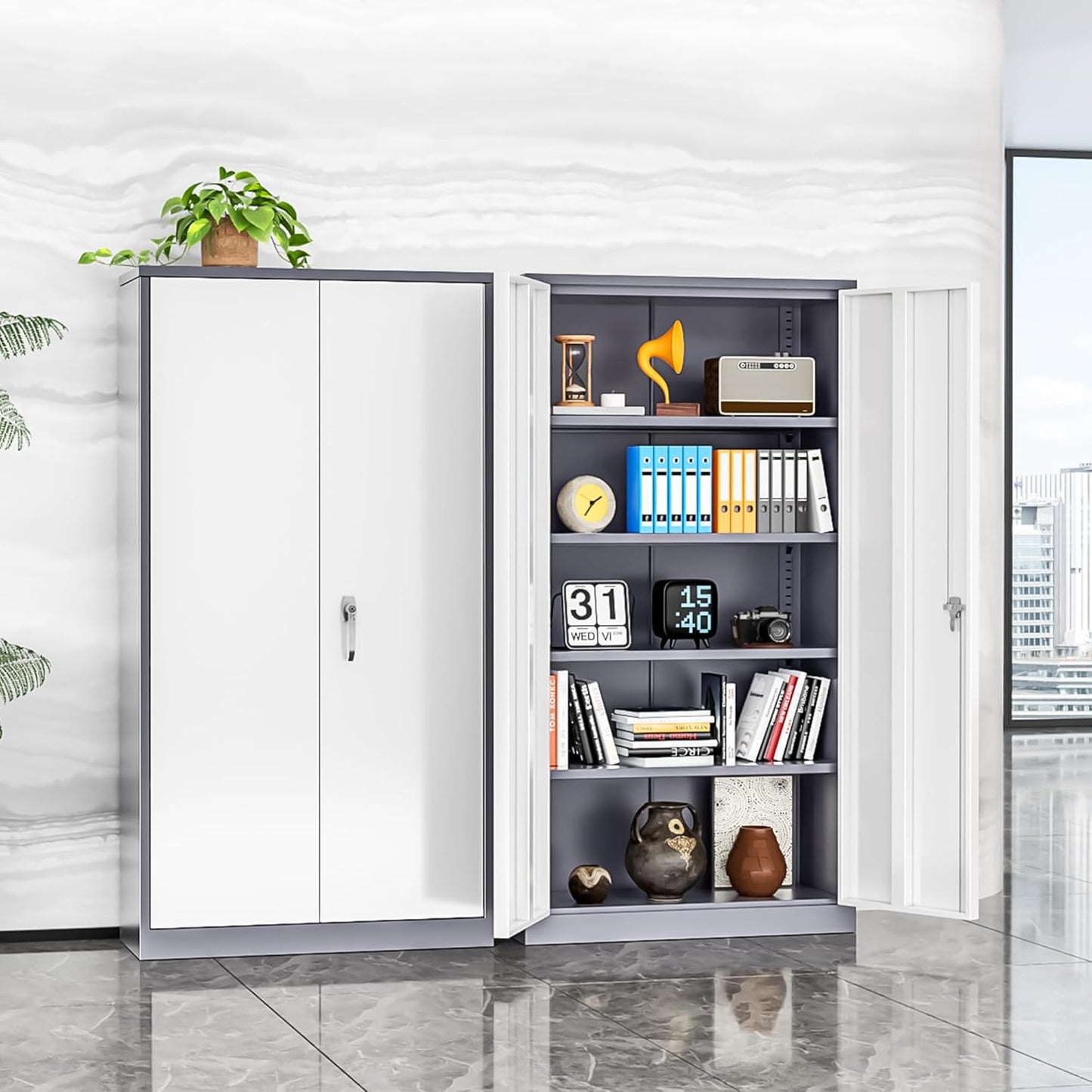 INTERGREAT Metal Garage Storage Cabinet, Black Lockable File Cabinet with 2 Doors and 4 Adjustable Shelves, Tall Steel Tool Cabinets for Office, Home, Garage, School, Gym