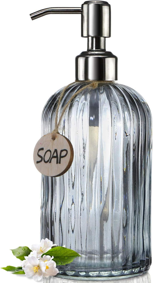JASAI 18 Oz Vertical Stripes Kitchen Soap Dispenser with 304 Rust Proof Stainless Steel Pump, Refillable Liquid Soap Dispenser for Bathroom, Kitchen, Hand Soap, Dish Soap (Clear Grey)