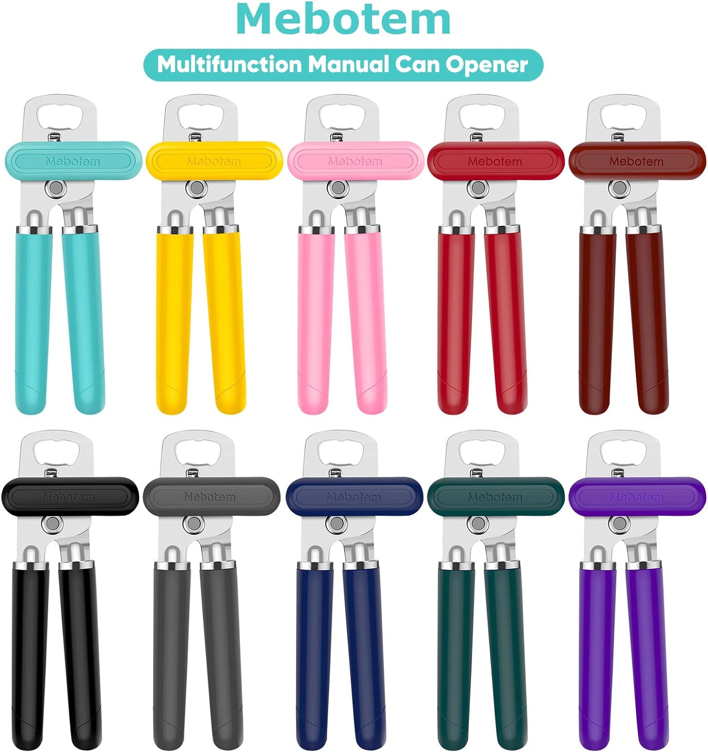 10 Colors Can Opener Manual Handheld Heavy Duty Hand Can Opener Smooth Edge Stainless Steel Can Openers Top Lid Kitchen Gadgets, Best Large Rated Easy Turn Knob, with Bottle Opener, Burgundy
