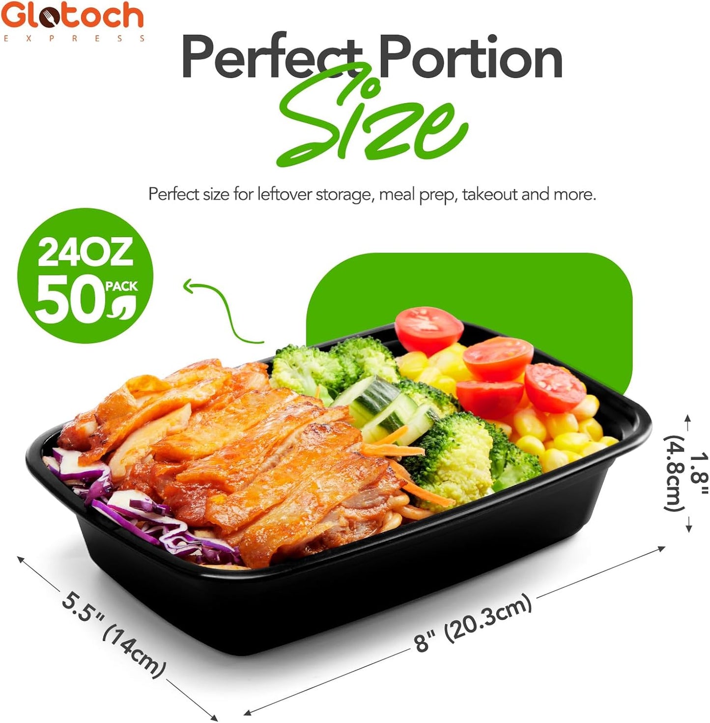 100-Piece (50-Pack) 24 OZ Meal Prep Containers Reusable with Lids, Sturdy Leakproof & Food Safe, Microwave, Freezer, Dishwasher Safe To Go Food Containers, Plastic Take Out Containers, Black