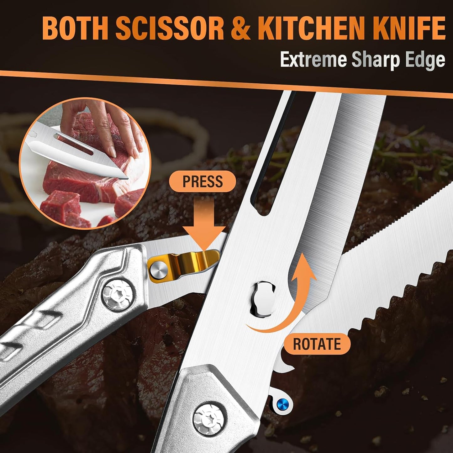 Huusk Heavy Duty Poultry Scissors - Kitchen Scissors with Serrated Edge, Detachable Sharp Shears for Cutting Meat, Chicken Bone and Turkey, All Purpose for Thanksgiving (Silver)