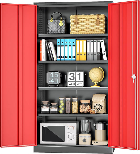 INTERGREAT Metal Storage Cabinets 72” Black Red Garage Steel Storage Cabinet with Doors and Shelves, Steel File Cabinet for Home Office, Basement, Warehouse, Classroom（Anti Tipping）
