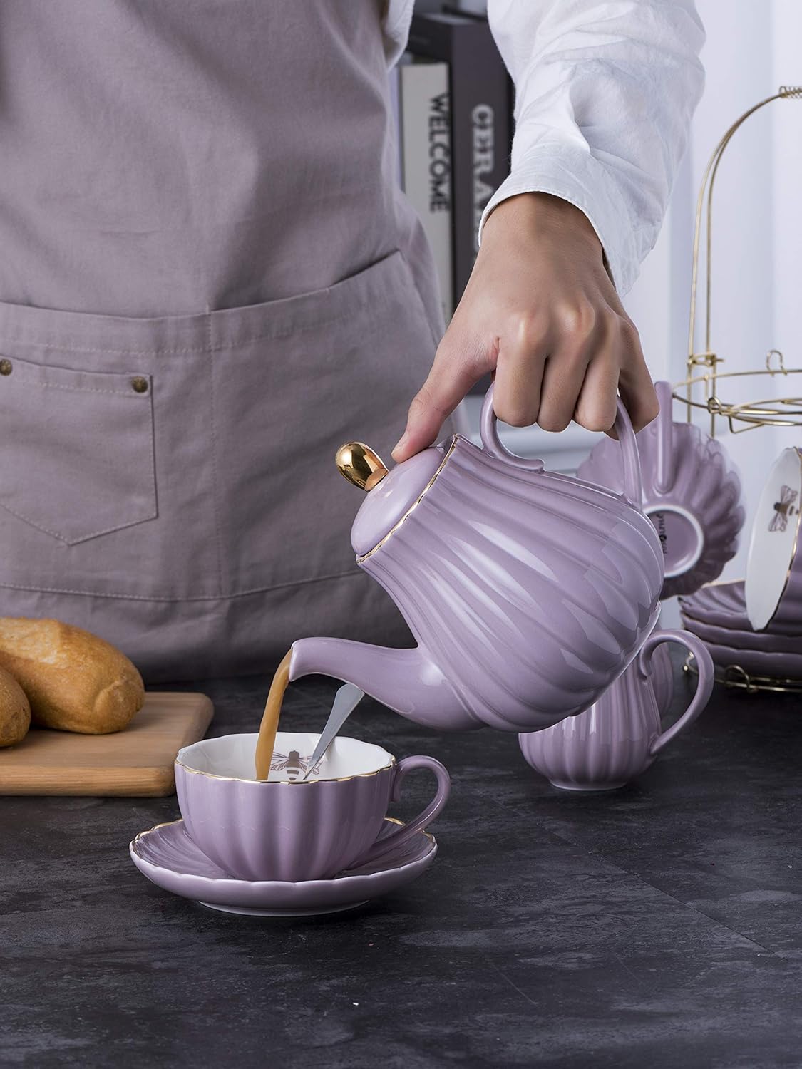 Jusalpha Fine China Pink Teapot and Creamer Sugar Bowl Set, TW (Purple)