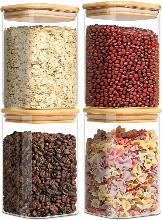 1.2 Qt Square Glass Storage Containers with Lids, glass jar with airtight lid, Glass Canister for Pantry Cookie Flour Cereal Rice Sugar Tea Coffee Beans Spice, Square Set of 4