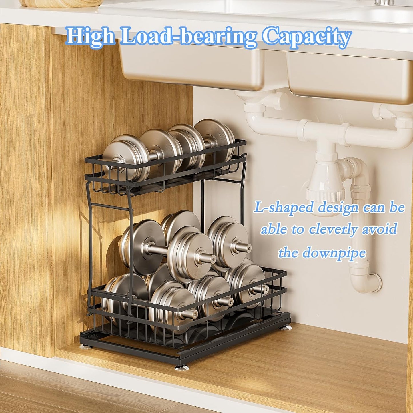 1 Pack Under Sink Organizers and Storage, 2 Tier Pull Out Cabinet Organizer, Metal Sliding Drawer Storage for Kitchen Bathroom，Black
