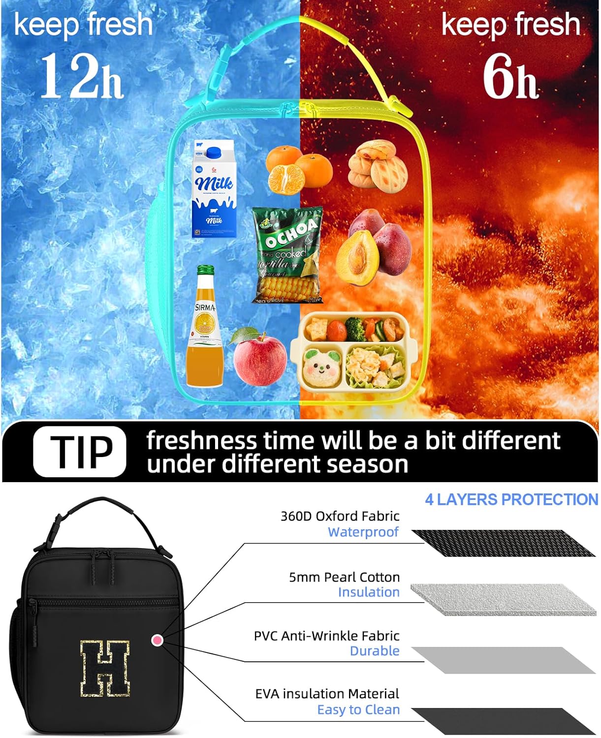 Initial Insulated Lunch Bag for Boys Kids, Back to School Gift, Reusable Leak-proof Lunch Box with Adjustable Strap for School Daycare Travel Picnic（Black，H）