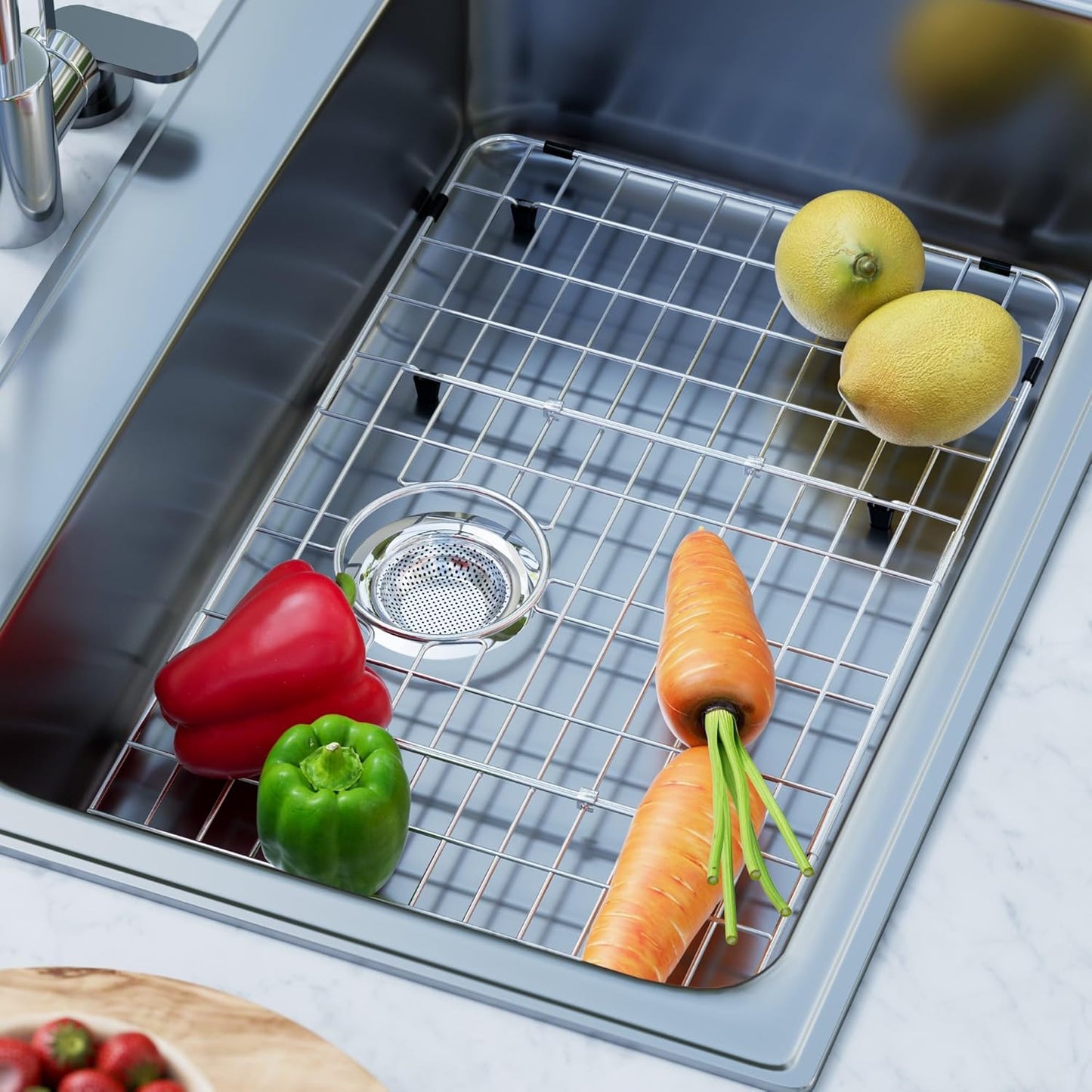 iPEGTOP Sink Bottom Grid, 3-Piece Stainless Steel Sink Protector 23" x 13" Rear Drain Hole with Corner Radius, Sink Grate Rack for Bottom of Kitchen Sink Single Bowl with Hole Cover