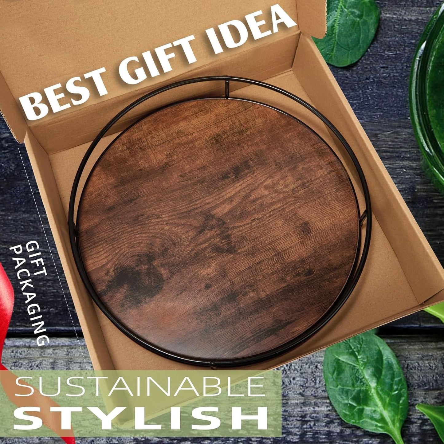 10 Inch Wood Lazy Susan, Rustic Brown Turntable Organizer with Steel Frame, 360 Degree Decorative Turntable for Countertop or Centerpieces