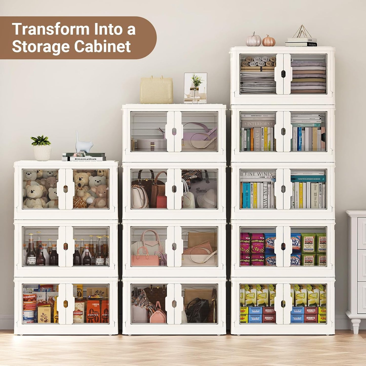 115Qt Stackable Storage Bins with Individual Lids & Wheels, Large Plastic Collapsible Latching Boxes Closet Organizers and Storage Cabinet Shelves Units for Home Kitchen Dorm, 1-Pack White
