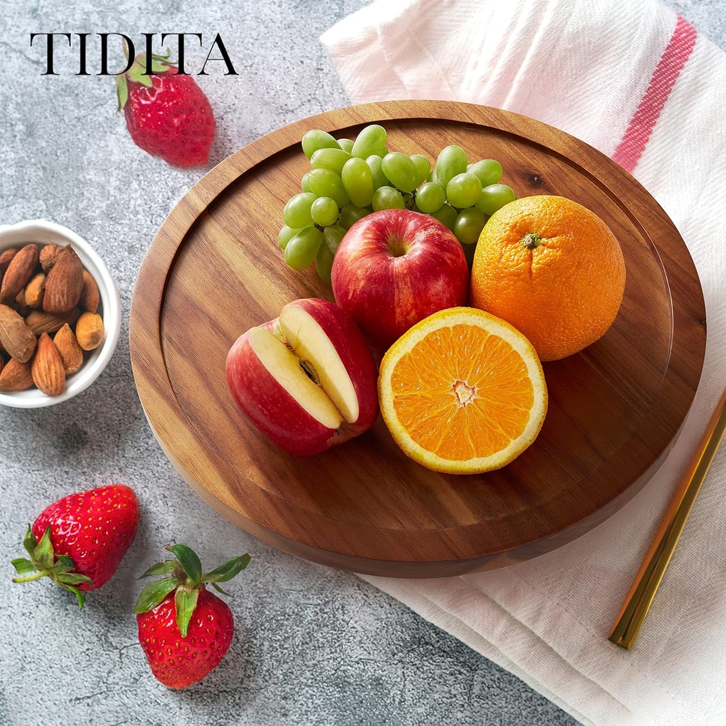 13" Acacia Wood Lazy Susan Organizer for Cabinet - Round Lazy Susans Turntable for Countertop - Wooden Kitchen Rotating Storage Food Bin Container for Centerpiece Table, Spices, Pantry