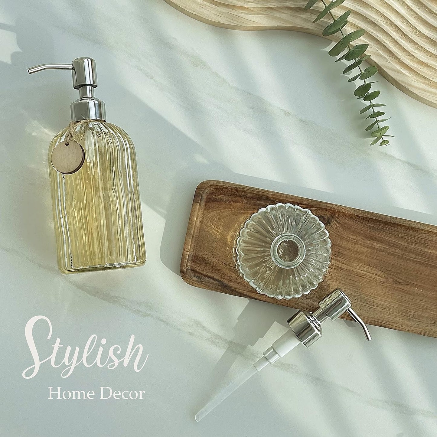 JASAI 2PACK 18 Oz Glass Soap Dispenser with Rust Proof Stainless Steel Pump, Refillable Hand Soap Dispenser with Vertical Stripe, Premium Bathroom soap Dispenser for Kitchen & Bathroom