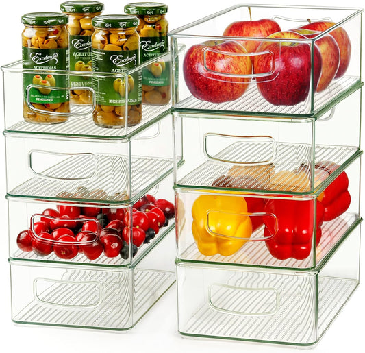 Hudgan Set Of 8 Fridge Organizer Bins, Stackable Plastic Organizer Bins for Fridge Pantry, 4 Large and 4 Small Refrigerator Organizers and Storage - Food Safe, BPA Free
